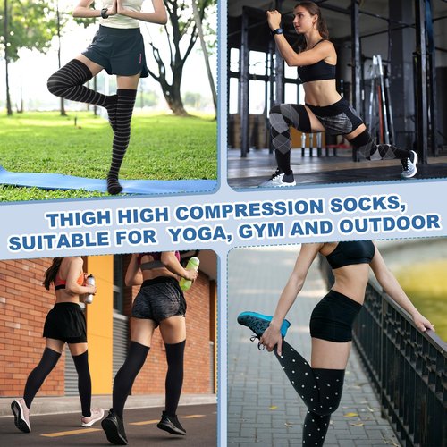 Chicingyou 6 Pair Thigh High Compression Socks for Women Men 15-20 mmHg Over the Knee Compression Support Stockings for Hiking Nurses Running Recovery(Black Grey Check)