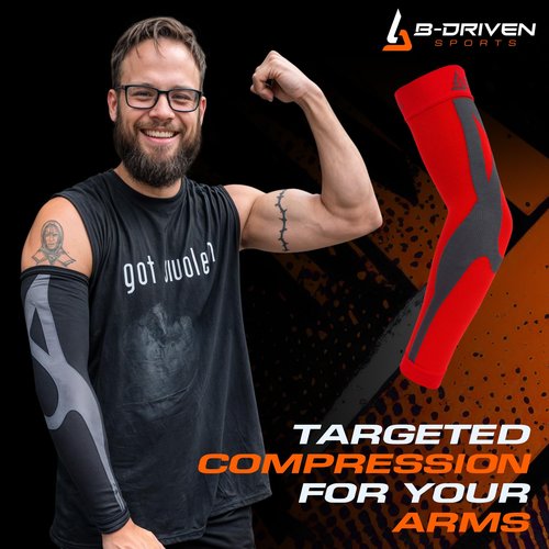 B-Driven Sports Compression Arm Sleeve for Men & Women - Medical Grade 20-30mmHg, Bicep, Forearm, Elbow Support, Lymphedema, Baseball, Basketball, Tennis, Work, Weightlifting - Black Small 1pc