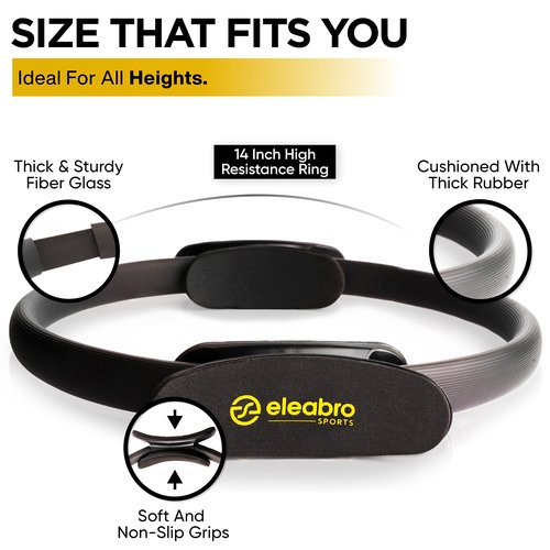 eleabro Sports 14 inch Pilates Ring Circle - Magic Circle Pilates Ring with A1 Size Workout Poster, Yoga Ring Fitness Ring with Soft Handles, Inner Thigh Exercise Equipment for Home Workouts - (Black)