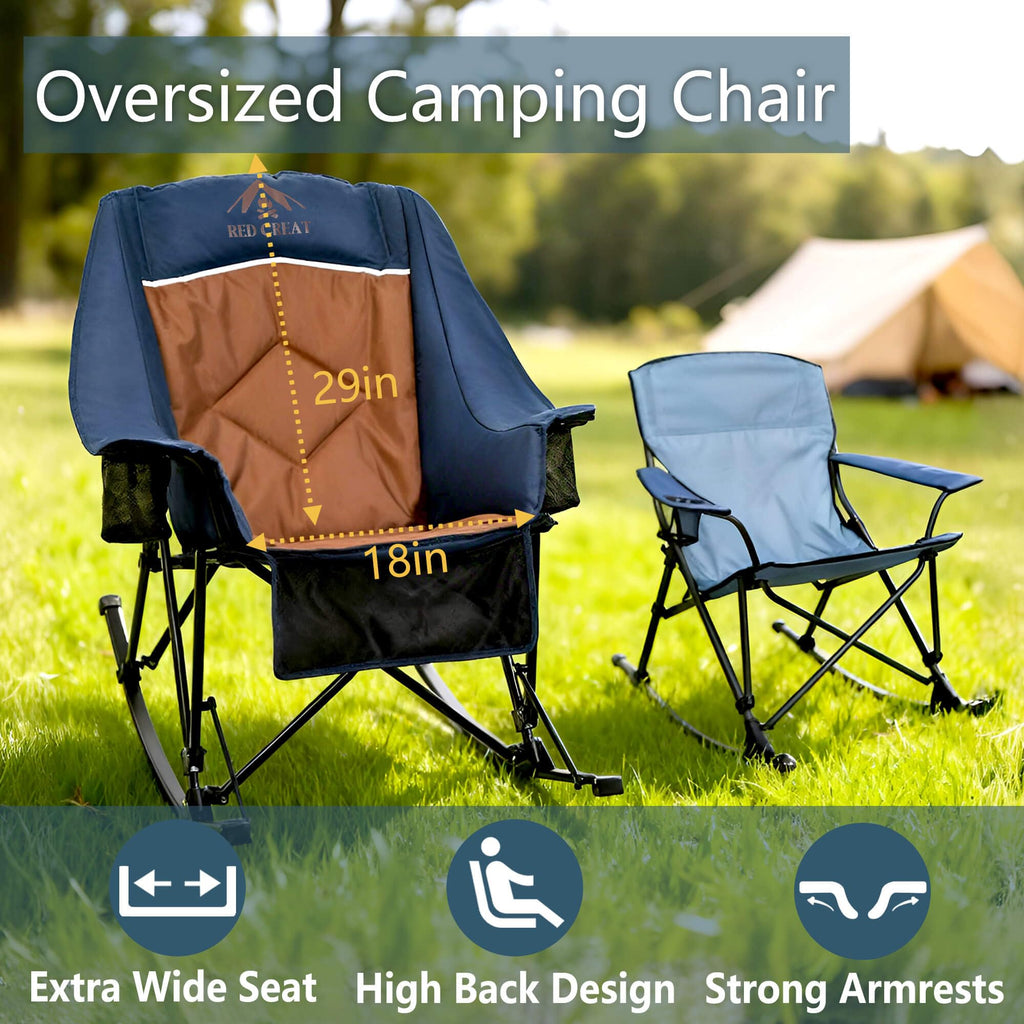 RED CREAT 400lbs Rocking Camping Chair, Oversized Heavy Duty XL Folding Rocker for Adults, Padded High Back Big & Tall Support, with Cup Holders & Carry Bag for RV, Lawn, Patio & Sports