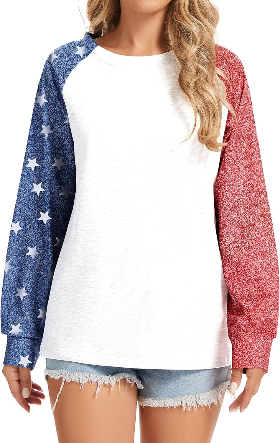TSMNZMU Women's Star Print Colorblock Shirt - Long Sleeve American Flag Blouse for 4th of July