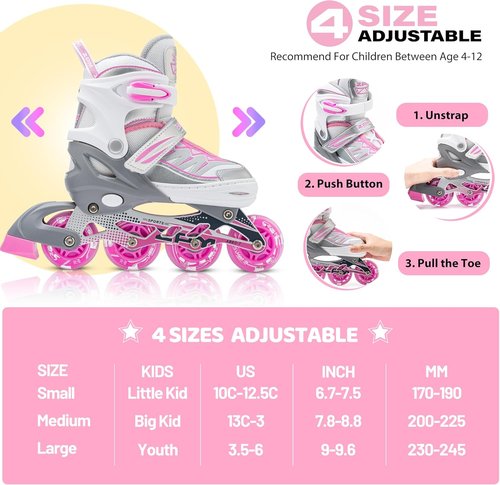 2PM SPORTS Cytia Pink Inline Skates - Adjustable, Light-Up Wheels for Fun Beginner Roller Skating