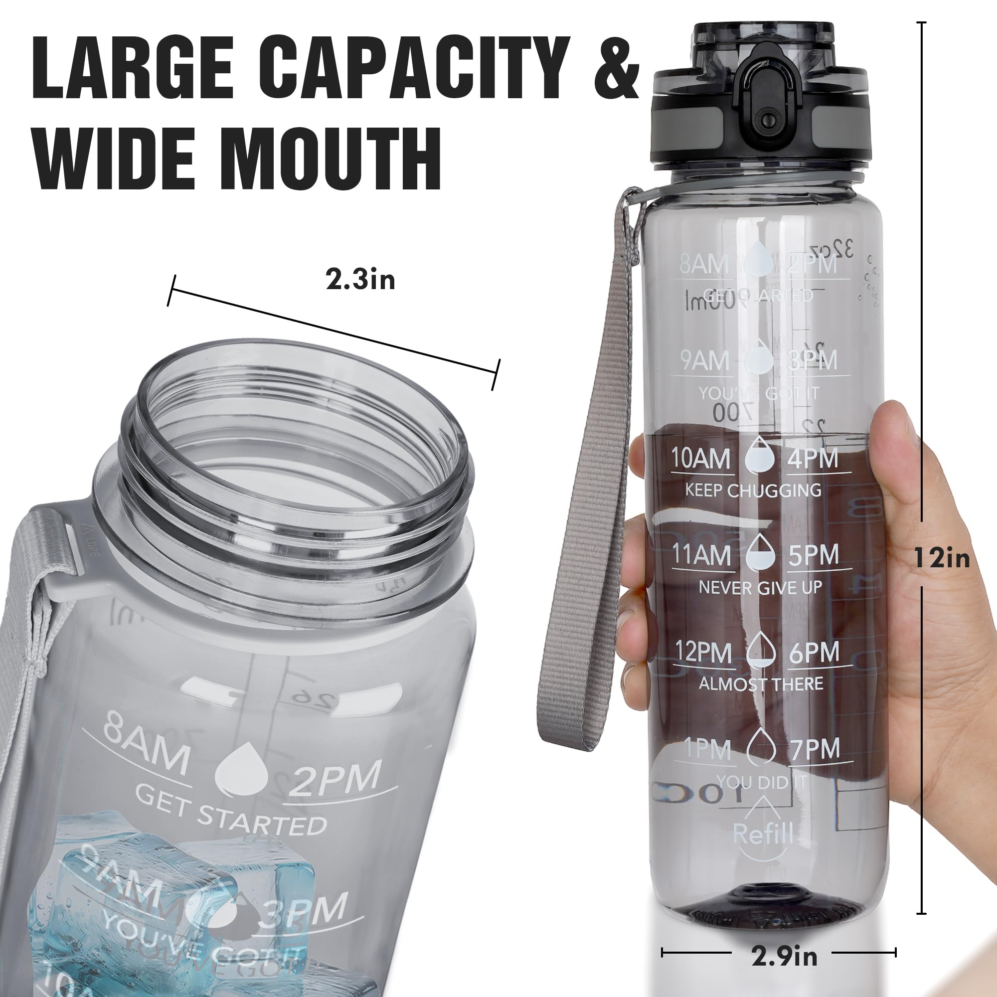 OLDLEY Water Bottle, 32oz Motivational Sports Water Bottle with Time Marker - Times to Drink - Tritan, BPA Free, Wide Mouth Leakproof,Anniversary Birthday Gifts for Men Women,Smoke Grey (1 Bottle)