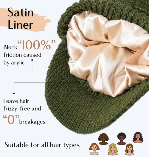 HONGTEYA Satin Lined Winter Beanies Hats for Men Women Knit Beanie Winter Hat Black (US, Alpha, One Size, Army Green)
