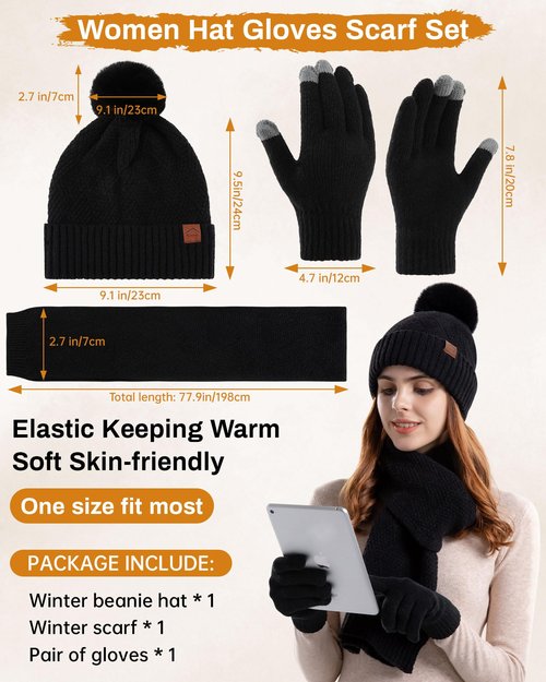 AWAYTR Winter Beanie Hat Gloves Scarf Set for Women - 3 Piece Knit Gift Set with Pom Pom Hat Touch Screen Gloves and Scarf (Black)