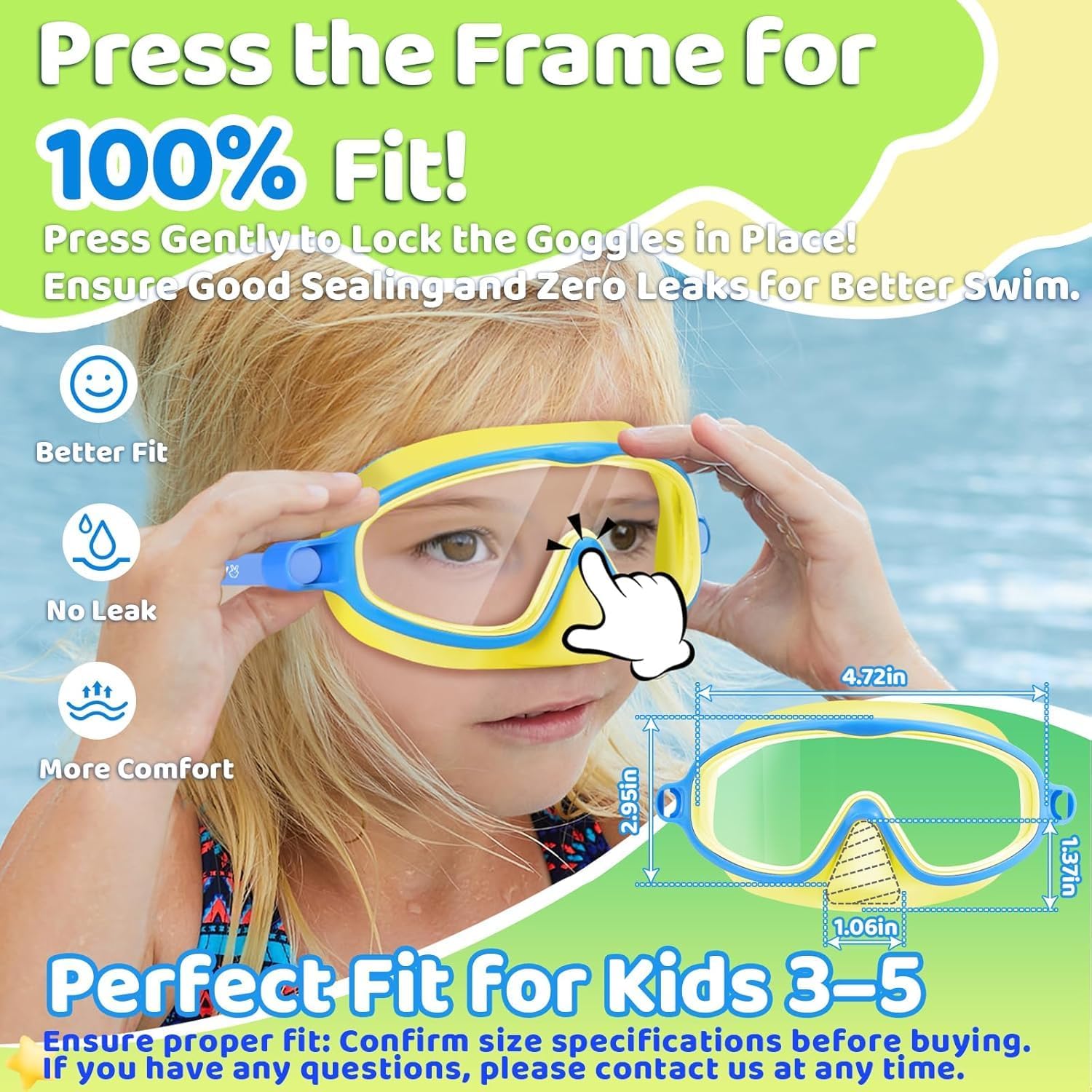 Vvinca Kids Swim Goggles - Anti-Fog Diving Mask with Nose Cover | Wide View, UV Protection, Ages 3-5