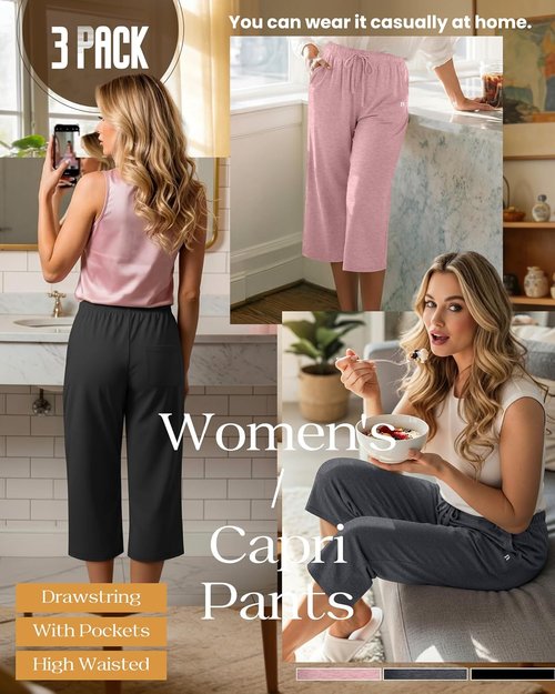Neer Women's Capri Pants - Wide Leg Casual Sweatpants with Pockets | 3 Pack, Loose Fit Yoga Capris