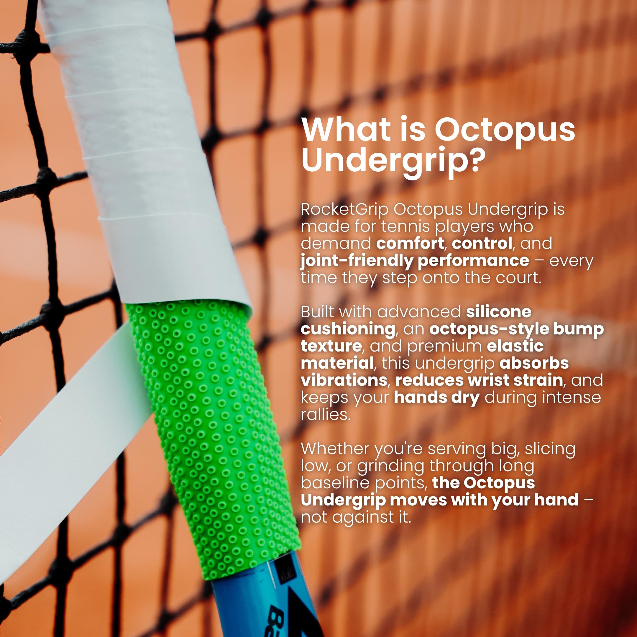 ROCKETGRIP Octopus Tennis Racket Undergrip (2-Pack) – Soft Silicone Undergrip for Tennis Racket – Cushioned, Sweat-Resistant Fit – Vibration Dampening Tennis Accessory (Green)