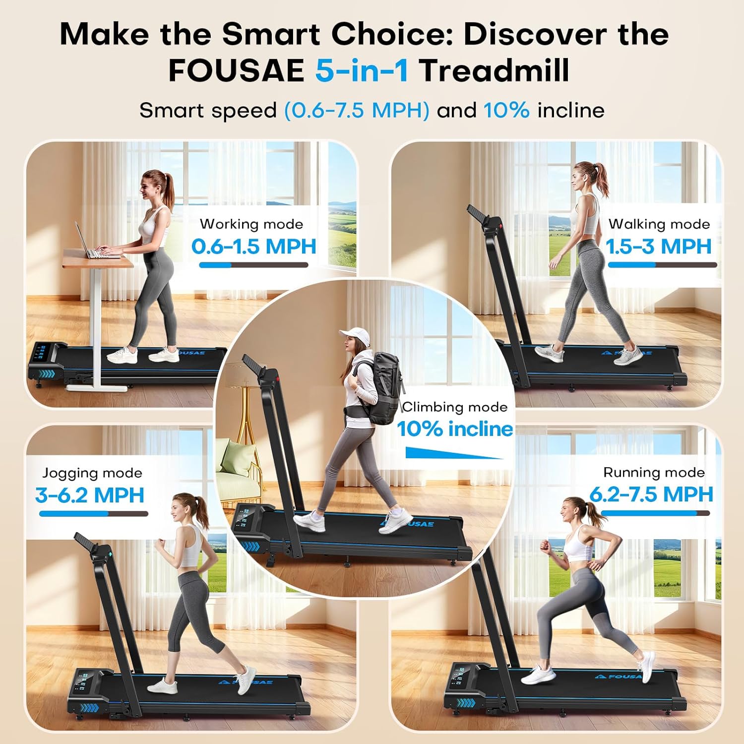 Skiennix Walking Pad Treadmill - 4-in-1 Under Desk Design with 10% Incline, 6.2MPH Speed, 350 LBS Capacity