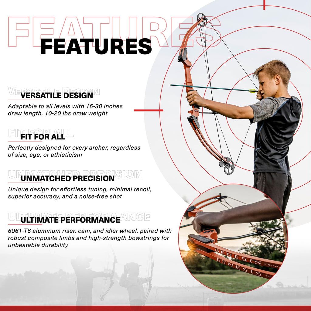 Genesis Original Compound Bow & Arrow Kit- Adjustable Riser, 15"-30" Draw Length, 10-20 lb Draw Weight, All Skill Levels, Draw Hand - Right, Orange