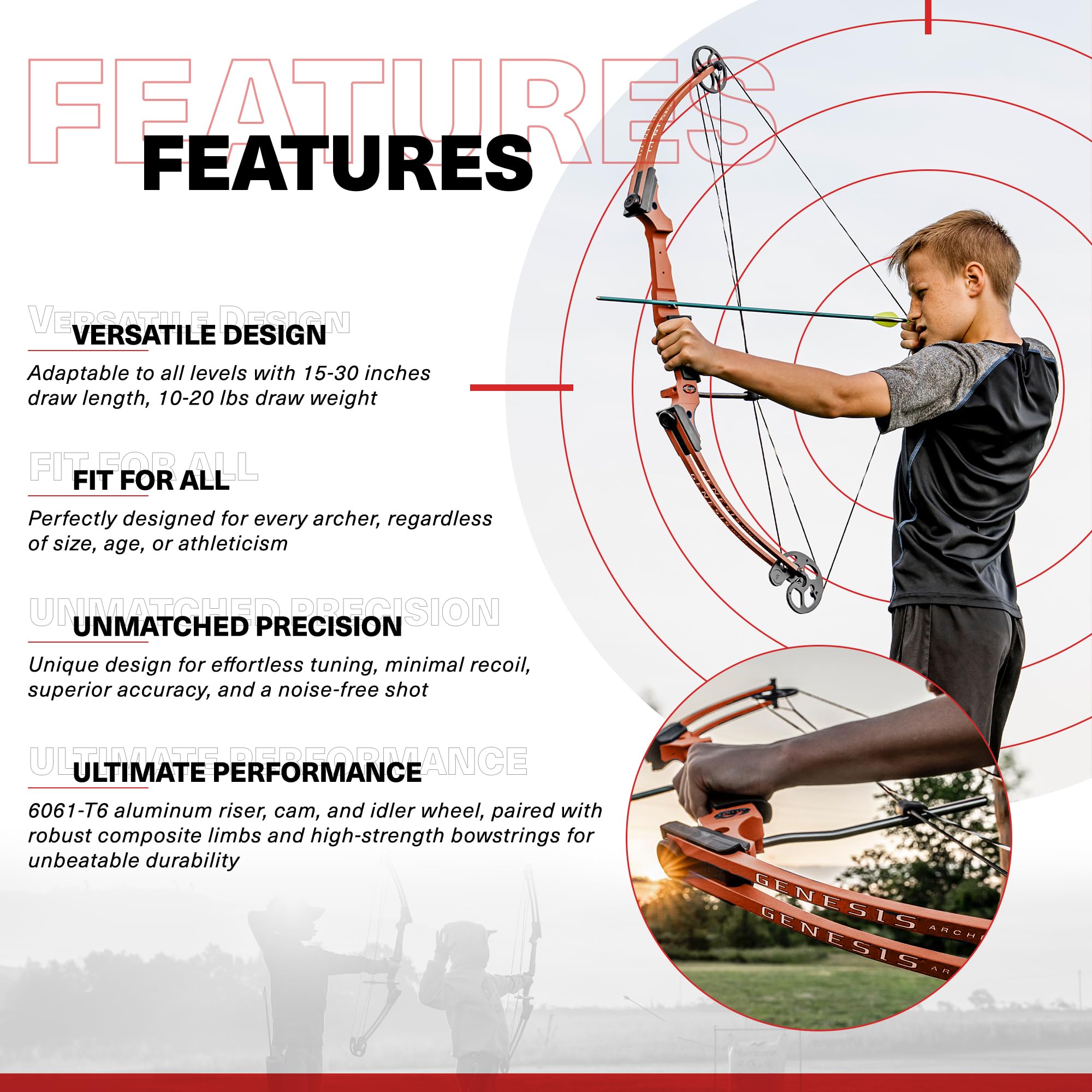 Genesis Original Compound Bow & Arrow Kit- Adjustable Riser, 15"-30" Draw Length, 10-20 lb Draw Weight, All Skill Levels, Draw Hand - Right, Orange