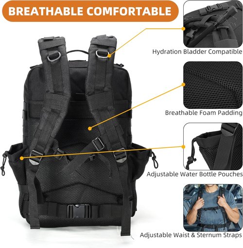 Gracedon Military Tactical Backpack - 45L Assault Pack for Travel & Hiking | Black Daypack for Men & Women