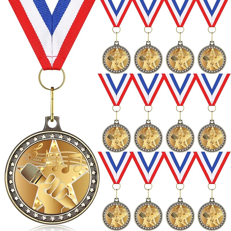 12 Pcs Microphone Medal with Neck Ribbons - Classic Gold, Variation of THIS listing: 1+Classic