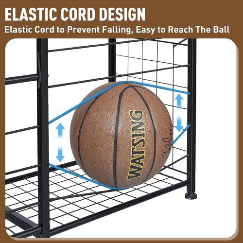 Garage Sports Equipment Organizer - Mobile Ball Storage Rack with Elastic Rope | Indoor/Outdoor Gear Storage, Black