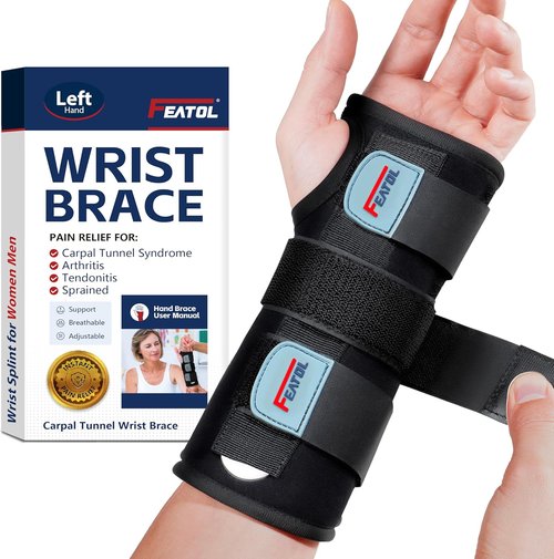 FEATOL Wrist Brace - Carpal Tunnel Night Support Splint for Pain Relief | Medium/Large, Left Hand