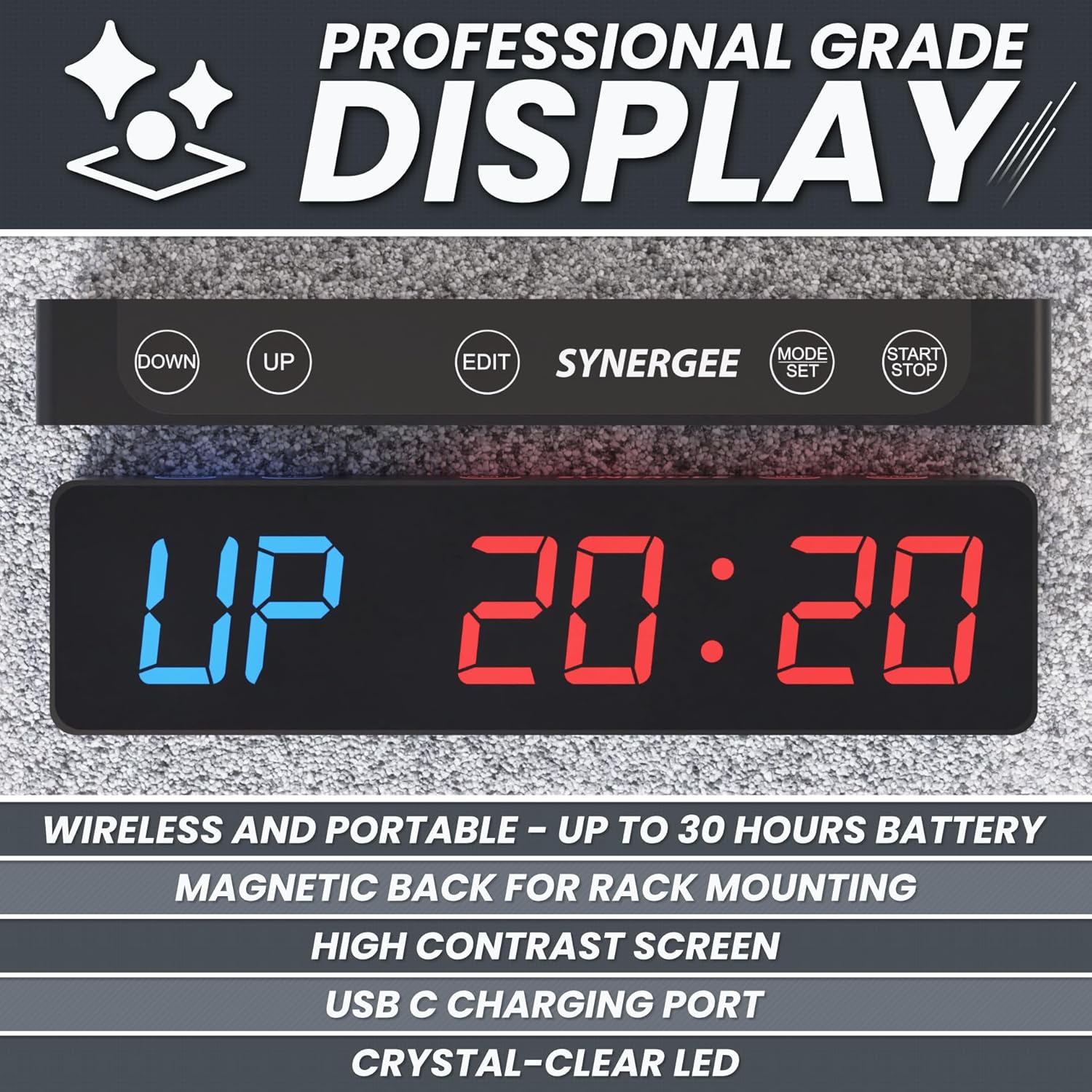 Synergee Magnetic Gym Timer Clock - LED Display, 30-Hour Battery, Built-in Magnet | Ideal for Home & Garage Workouts