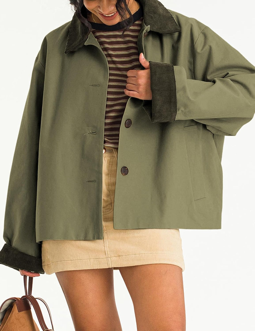 Viefent Women's Contrast Collar Crop Trench Coat - Casual Button Down Jacket with Pockets | Army Green, Large
