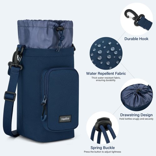 HanTrip Insulated Water Bottle Carrier Bag with Strap Phone Pocket for 25/32/40/64 oz Tumbler Cup, Water Bottle Holder Crossbody Shoulder Sling Bag for Walking Hiking Gym Travel (Navy Blue)