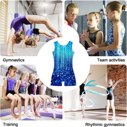 Funnycokid Girls Gymnastics Leotards - Sparkle Dance Unitards with Shorts | Mermaid Design, Ages 2-10