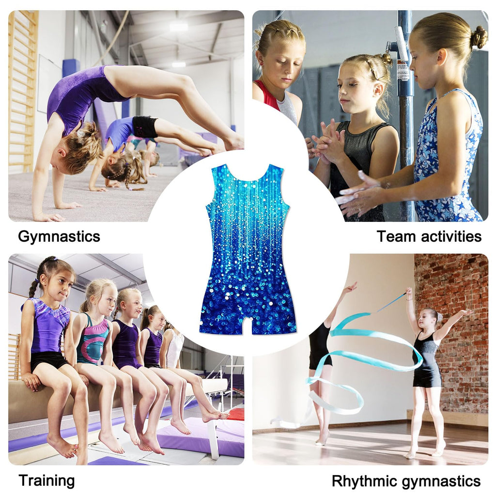 Funnycokid Gymnastics Leotards for Girls Kids Outfits Sparkly Unitards Clothes with Shorts, Diamond Dark Blue, 6-7 Years