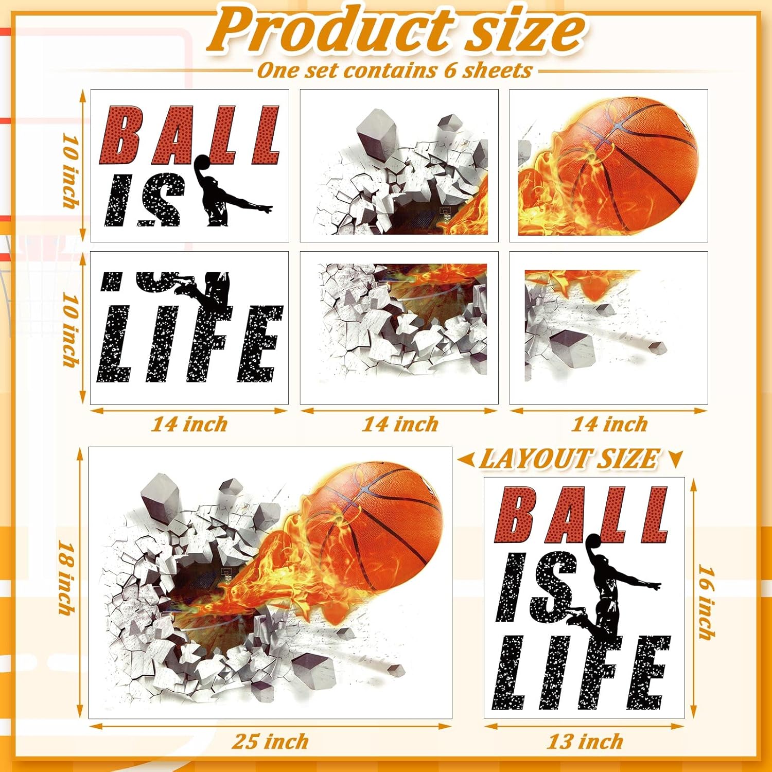Skiennix Basketball Wall Decor - 3D Self-Adhesive Vinyl Dunk Silhouette Sticker | 18 x 38 Inch for Boys' Bedroom