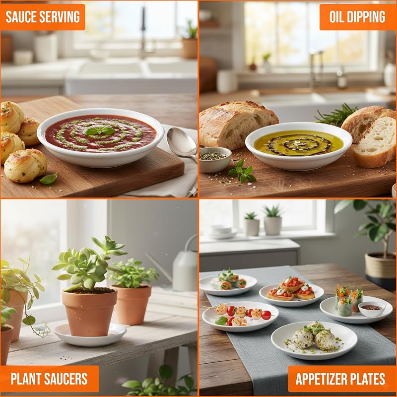 4-Pack Round White Ceramic Dipping Dishes & Planter Saucers - 4-Inch