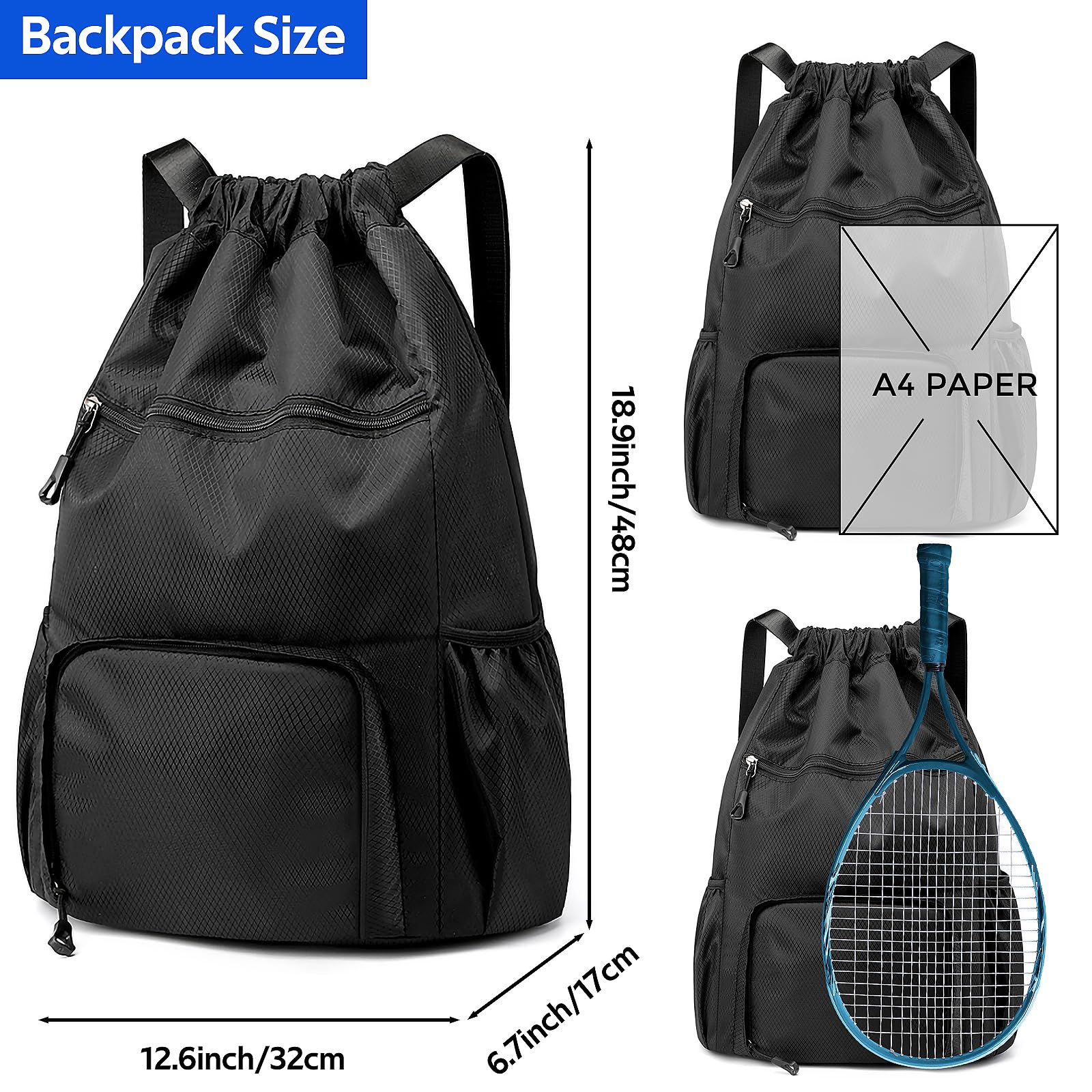 Sports Drawstring Backpack Gym Sack with Shoe Compartment, Durable Oxford Fabric, Wet-Proof Pocket, Water-Resistant Cinch Bag for Men & Women, Foldable & Spacious Athletic Sackpack for Travel Fitness