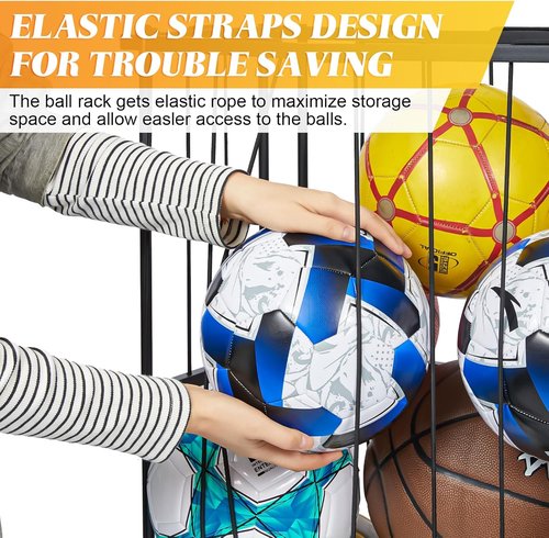 Garage Ball Storage | Wall-Mounted Sports Equipment Organizer - Elastic Rope Holder for Basketball, Soccer, Volleyball, Football - Black