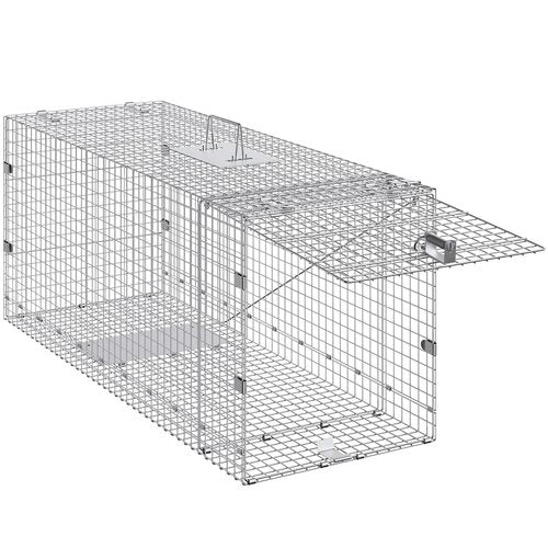 VEVOR Live Animal Cage Trap, 42" x 16" x 18" Humane Cat Trap Galvanized Iron, Folding Animal Trap Cage with Handle for Stray Dogs, Armadillos, Raccoons, Foxes