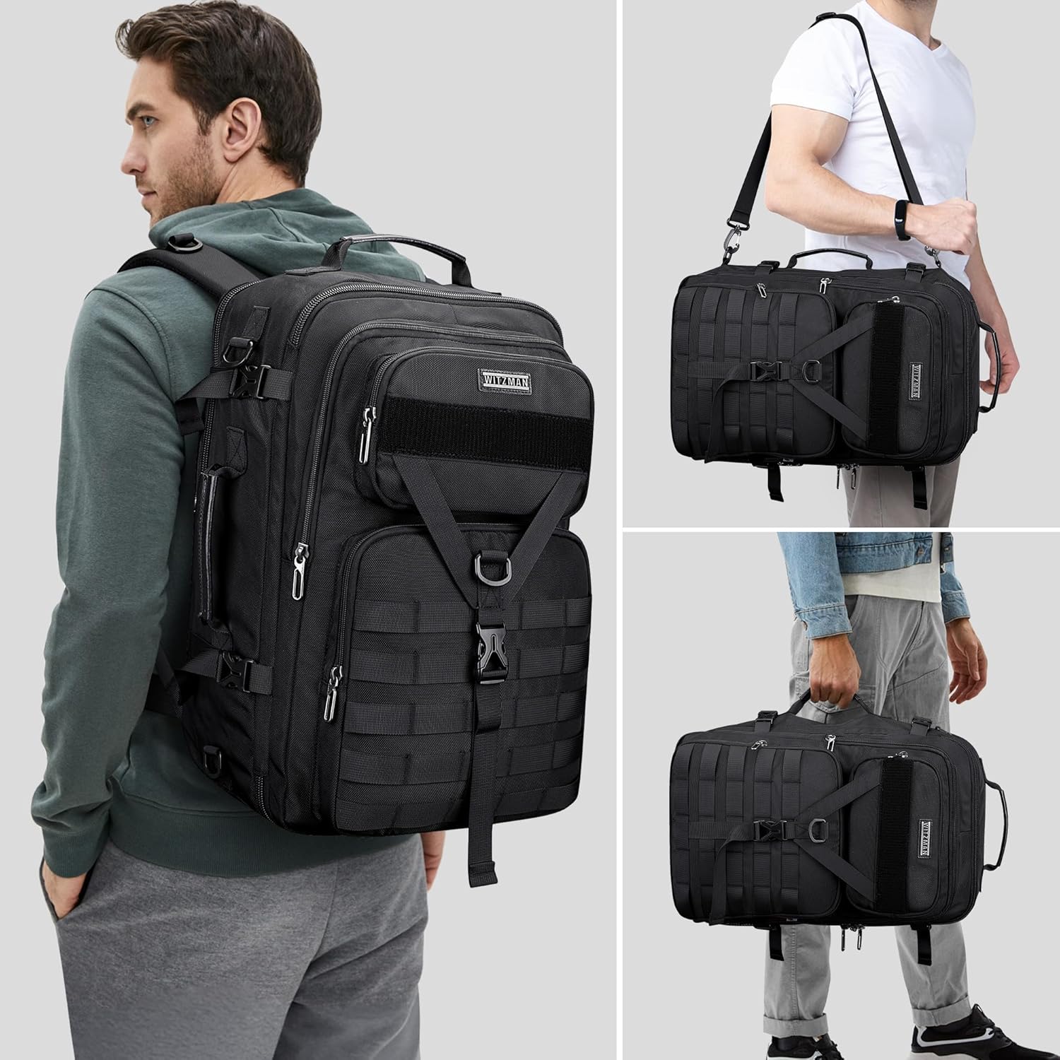 WITZMAN 45L Convertible Travel Backpack for Men - Airline Approved | Fits 17-Inch Laptop - Black