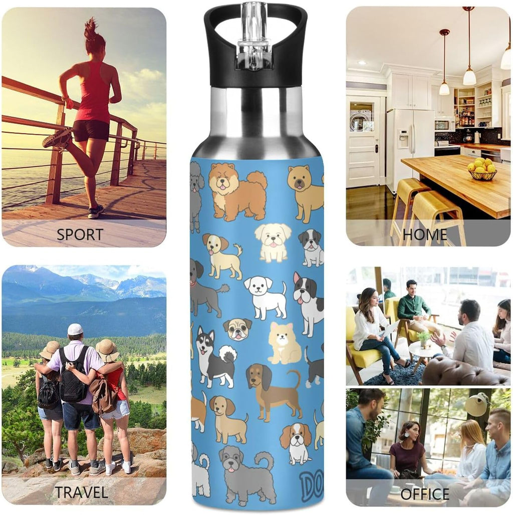Skiennix Puppy Dog Water Bottle - Insulated Stainless Steel Flask with Straw Lid | 20 Oz, Blue