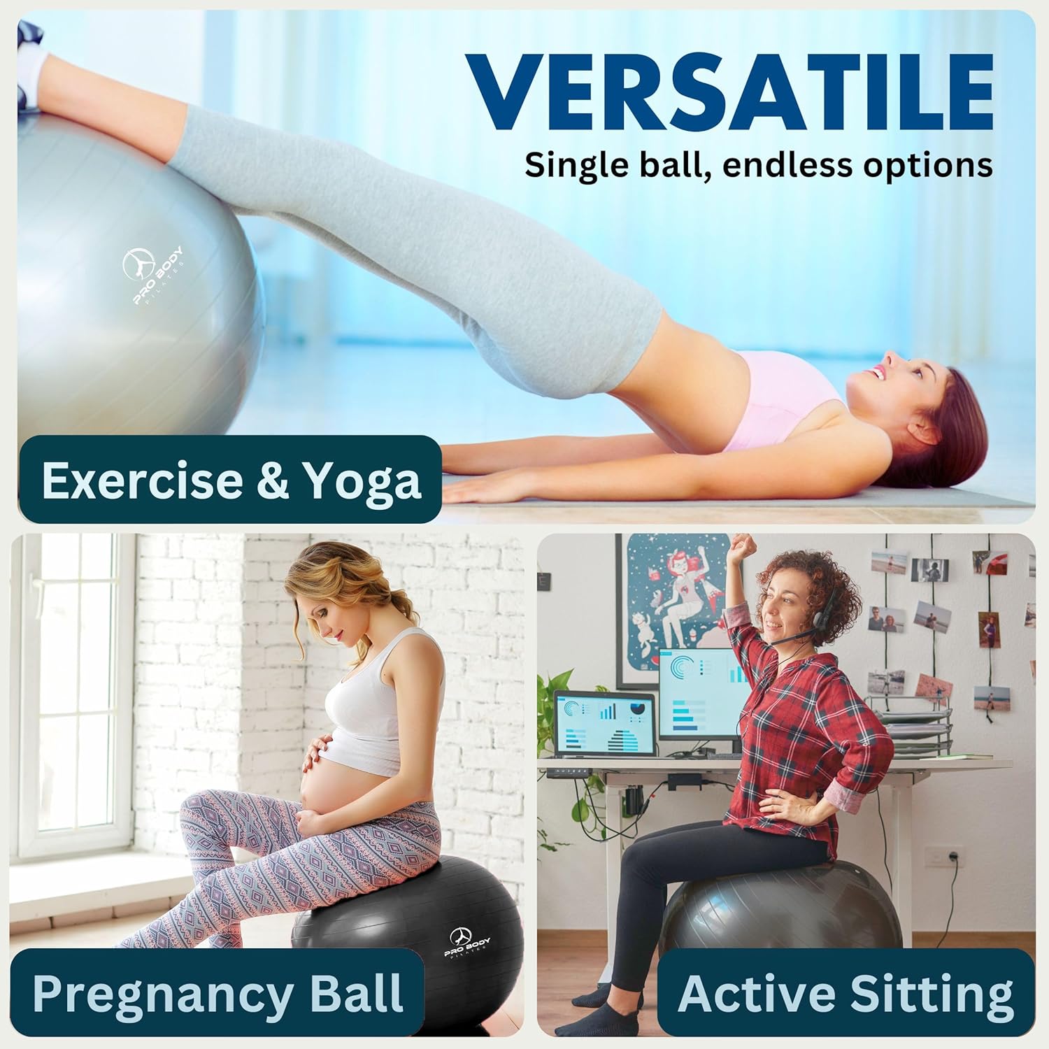 ProBody Pilates Yoga Ball Chair - Exercise Ball with Base for Home Office & Workout | Stability Seat for Back Support