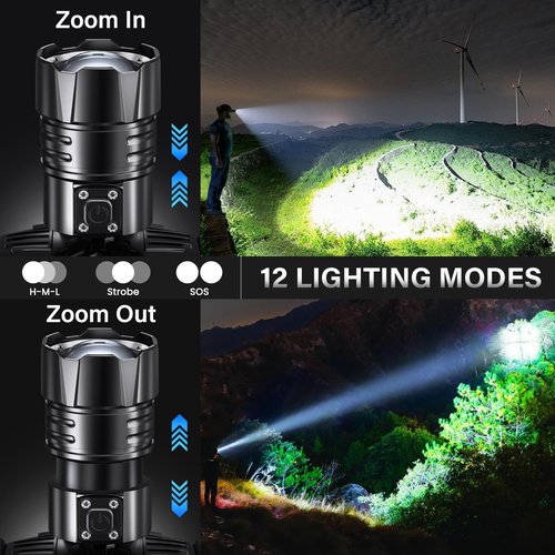 FINICO Rechargeable LED Headlamp 99000 High Lumens, 95 Hours Long Lasting Head Light with Zoomable & IPX7 Waterproof & 12 Modes & 125° Adjustable, Powerful Head Lamp for Outdoor (2 Pack)