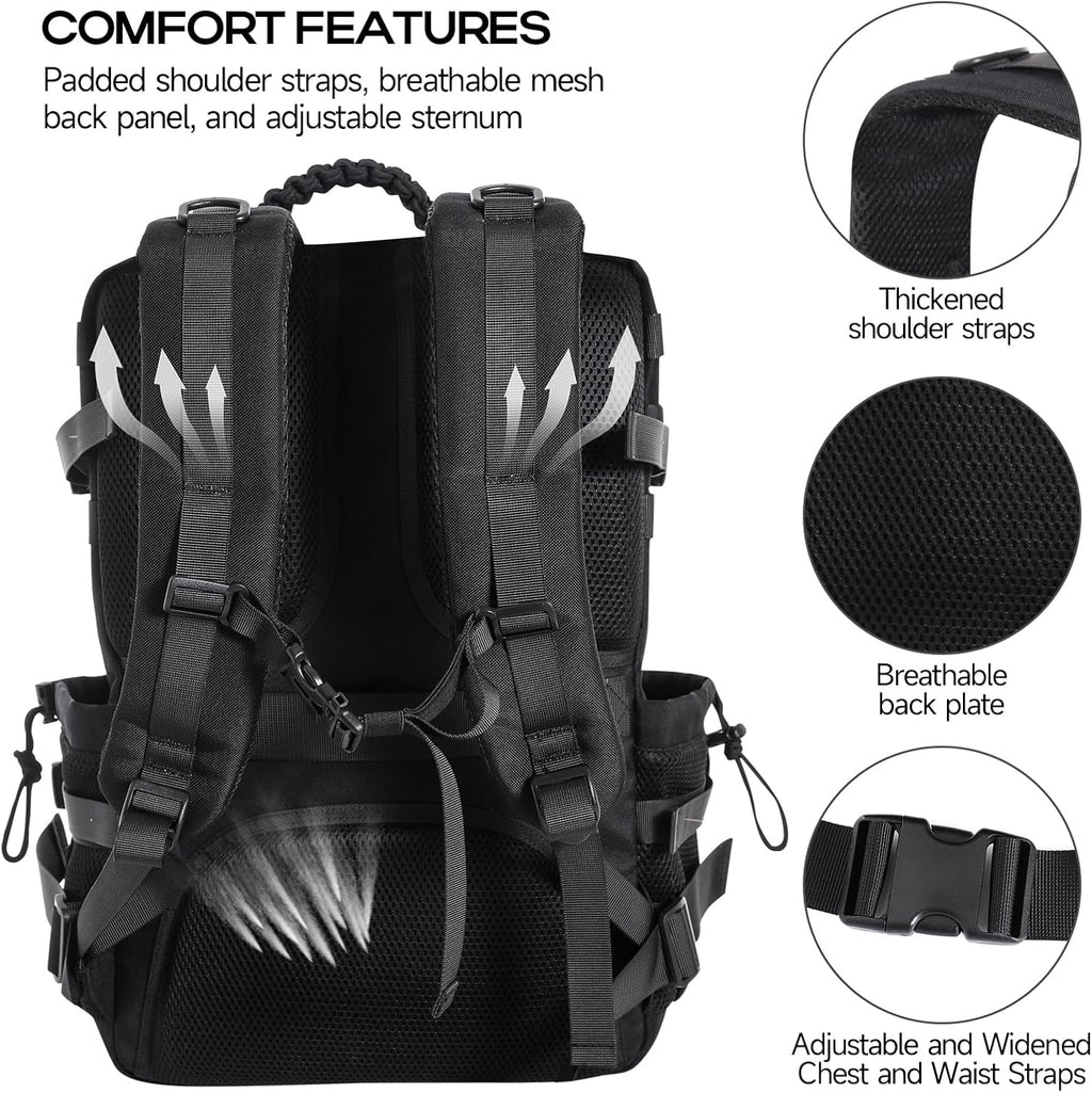 Skiennix Tactical Backpack - 35L Military Travel Pack with Shoe Compartment | Water-Resistant Black Rucksack for Hiking & Survival