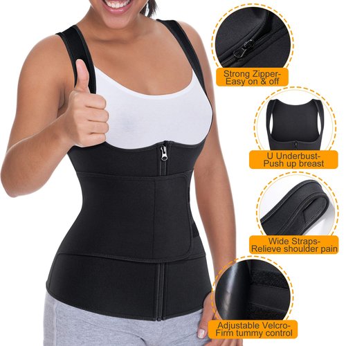GAODI Women Waist Trainer Vest Slim Corset Neoprene Sauna Tank Top Zipper Workout Body Shaper Shirt (XL, Black Sauna Vest)