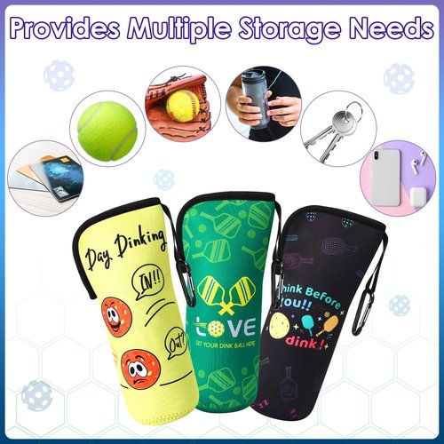 Sunnymove 3 Pcs Pickleball Ball Holder Portable Pickleball Bags Funny Tennis Storage Bags with Hook for Hanging Neoprene Pickle Ball Accessories Gifts for Men Women