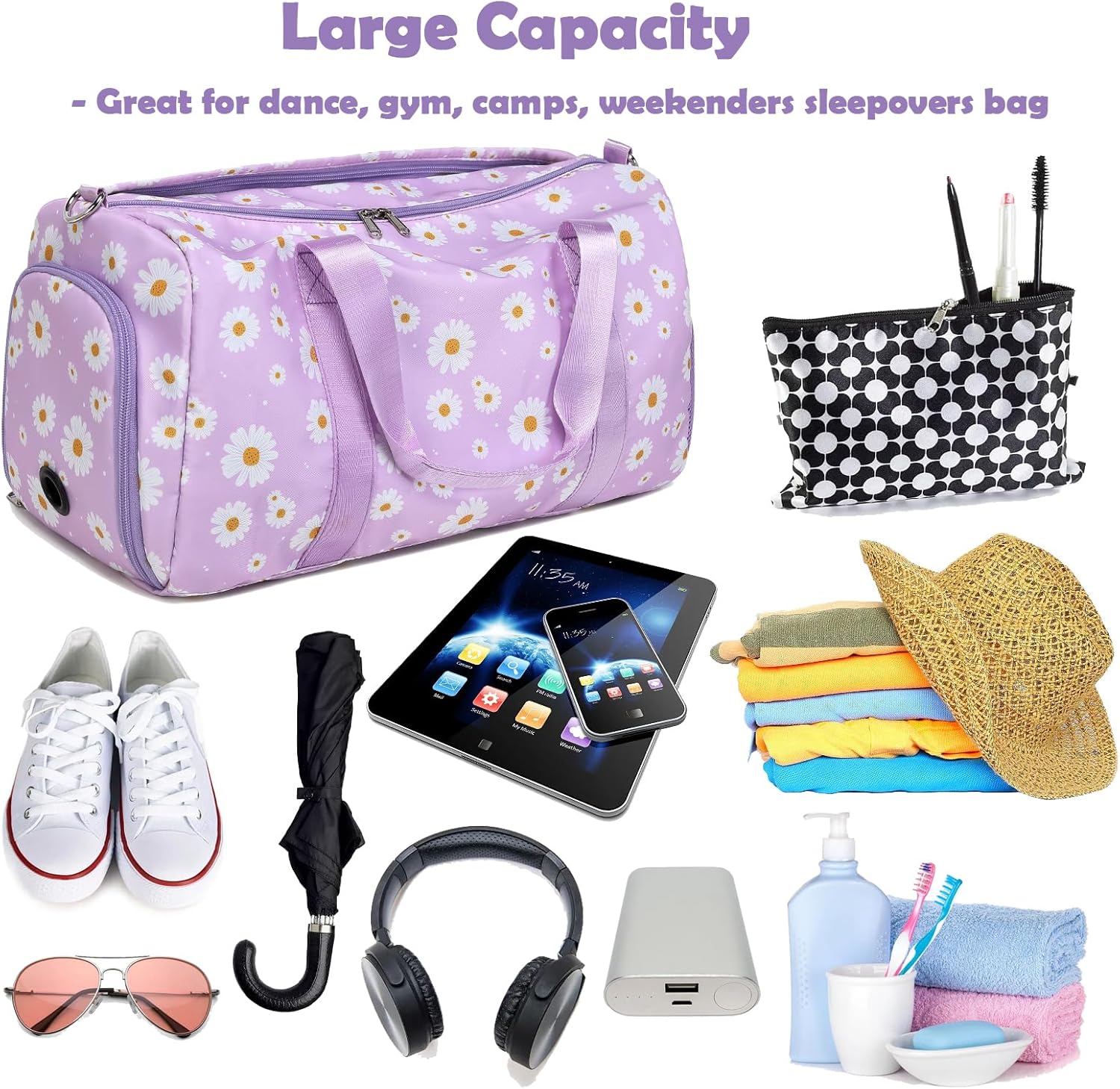Skiennix Duffle Bag - Purple Daisy Dance Gym Bag with Wet & Shoe Compartments | Perfect for Travel & Sleepovers