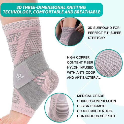 INDEEMAX Ankle Brace - Copper Infused Compression Sleeve for Pain Relief | Pink Silver, Size S