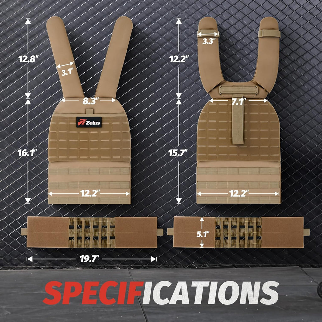 ZELUS Weighted Plate Carrier Vest - Tactical Adjustable Design for Strength Training | Holds Up to 65lb