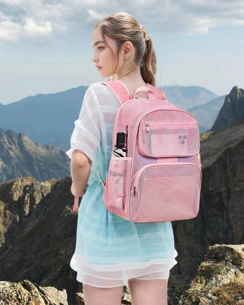 Mesh Backpack with Inner Compartment, Large Heavy Duty Mesh Bag with Padded Shoulder Straps for Travel Swimming Hiking Beach - Princess Pink
