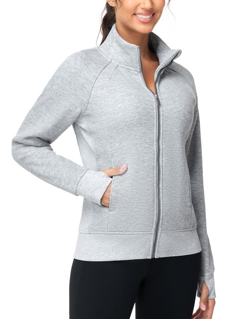 THE GYM PEOPLE Women's Full Zip Up Workout Sweatshirts Fleece Stand Collar Fall Jackets with Pockets Thumb Hole Heather Grey