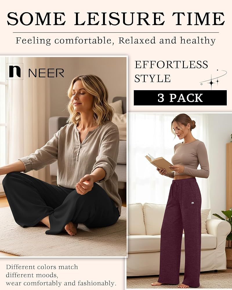 Neer 3 Pack Women's Wide Leg Sweatpants with Pockets - Black, Wine, Midnight Blue