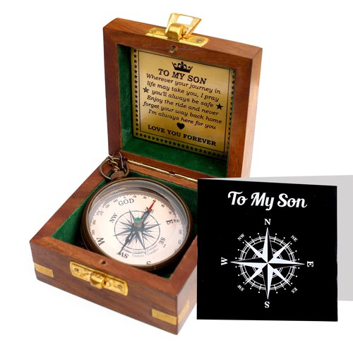 to My Son Engraved Brass Compass with Wooden Box – Inspirational Gift from Dad or Mom – Working Compass for Son – Graduation, Birthday, Christmas, Travel Keepsake Gift