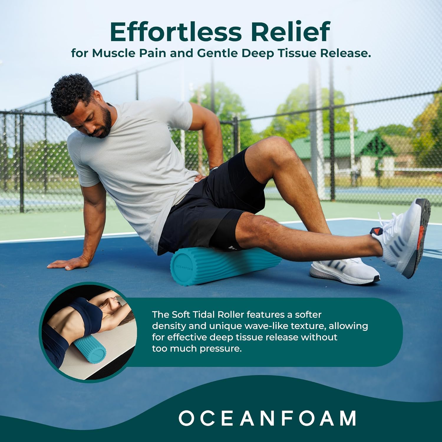 Oceanfoam Soft Tidal Roller - Miami Blue Low Density Foam Roller for Therapy & Exercise | 20" x 5" Wave Textured