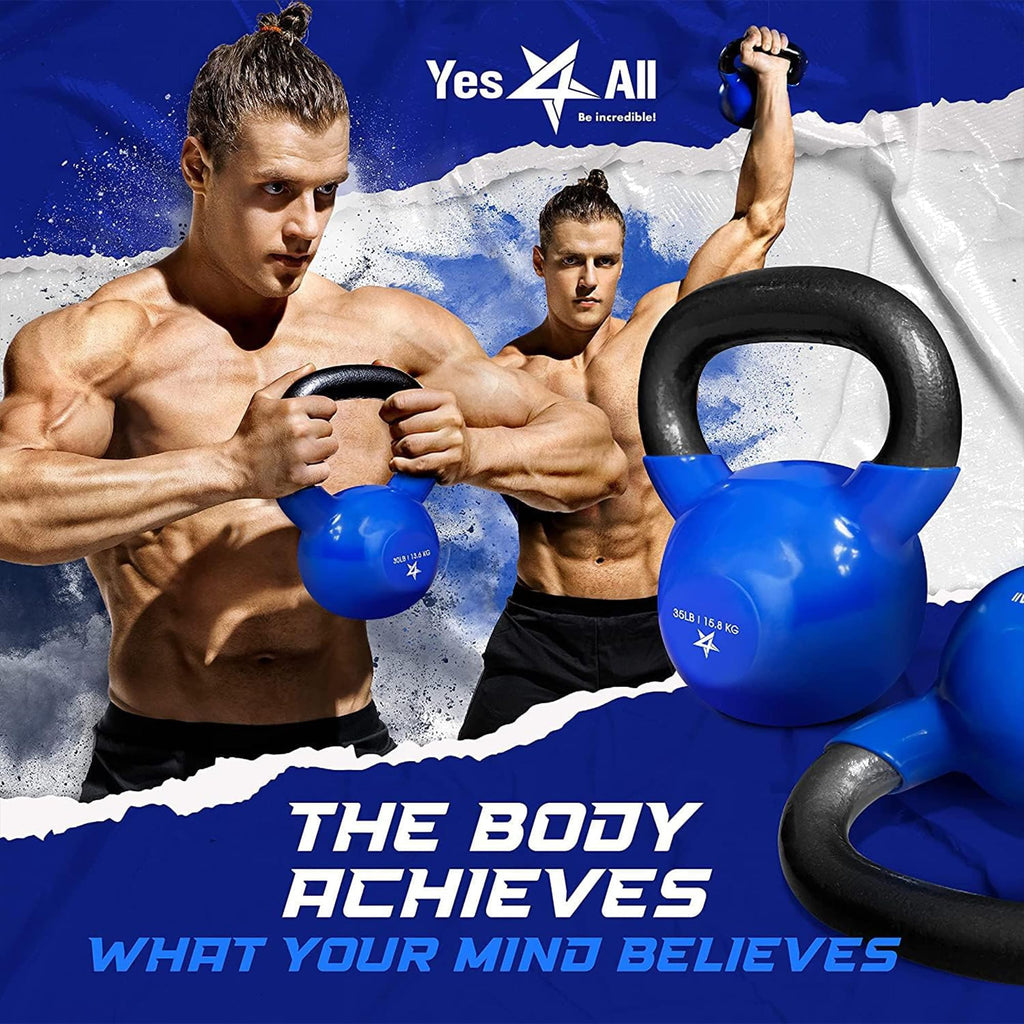 Yes4All Kettlebell, 10 lb Vinyl Coated Cast Iron Kettlebell Set of 2 for Home Gym Exercises, Heavy Weights Gym, Fitness, Full Body Workout Equipment, Push up, Grip, Strength Training - Blue