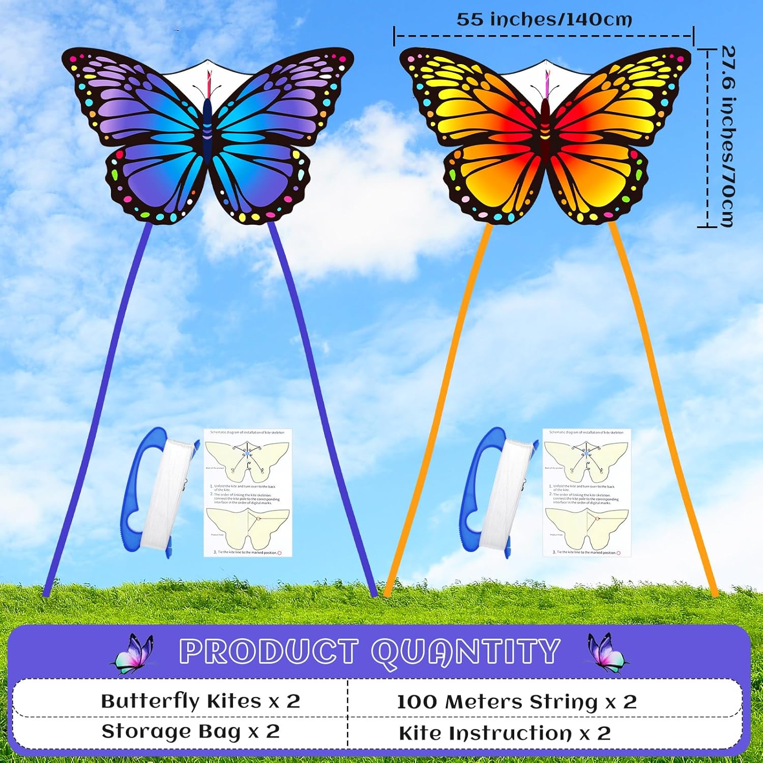 Silipull Butterfly Kites - Large 55 x 28 Inch Colorful Kites with 328ft String for Adults & Beginners | Purple & Orange