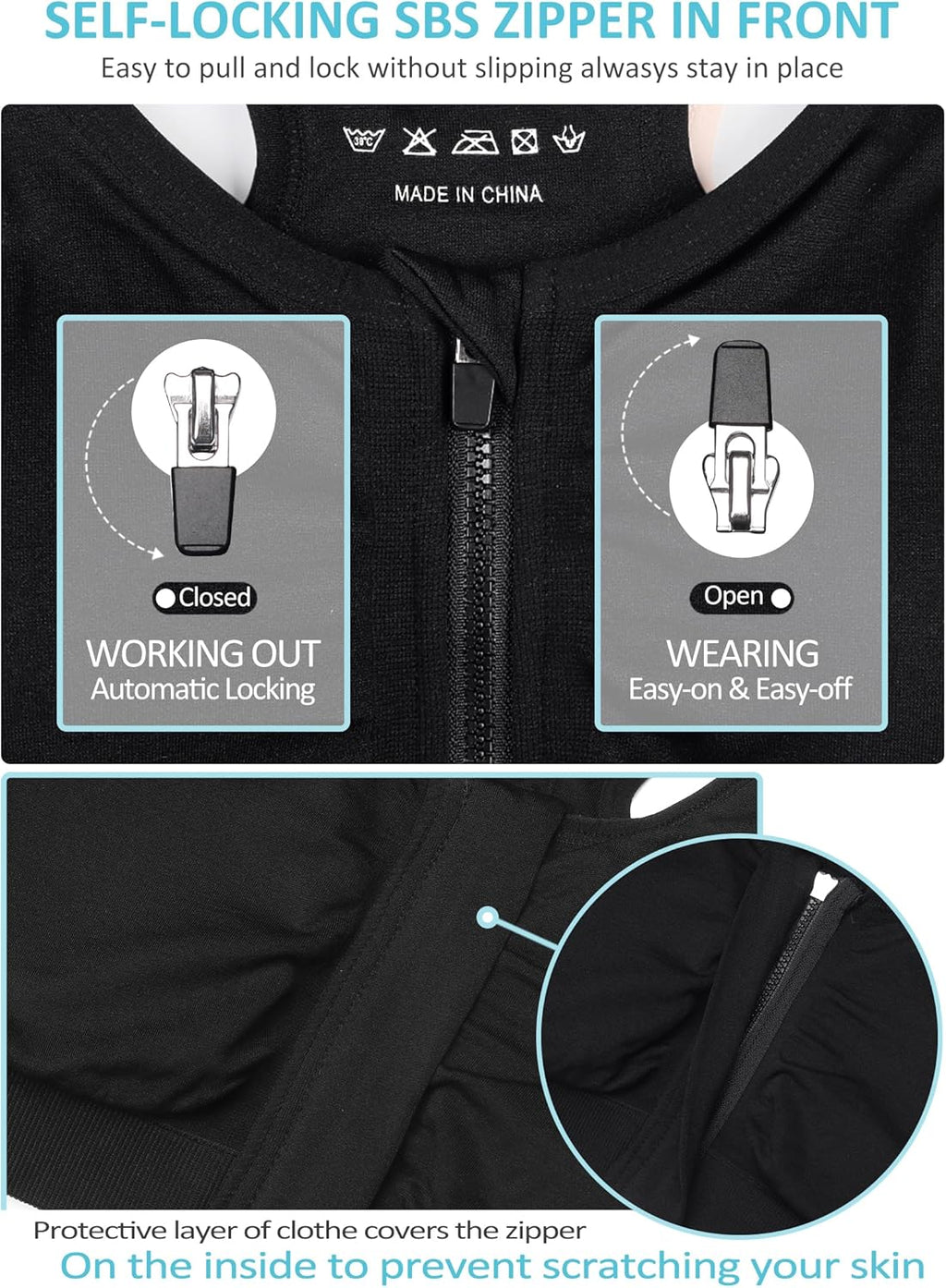 Skiennix Women's Zip Front Sports Bra - Wireless Post-Surgery Comfort for Active Yoga | Black