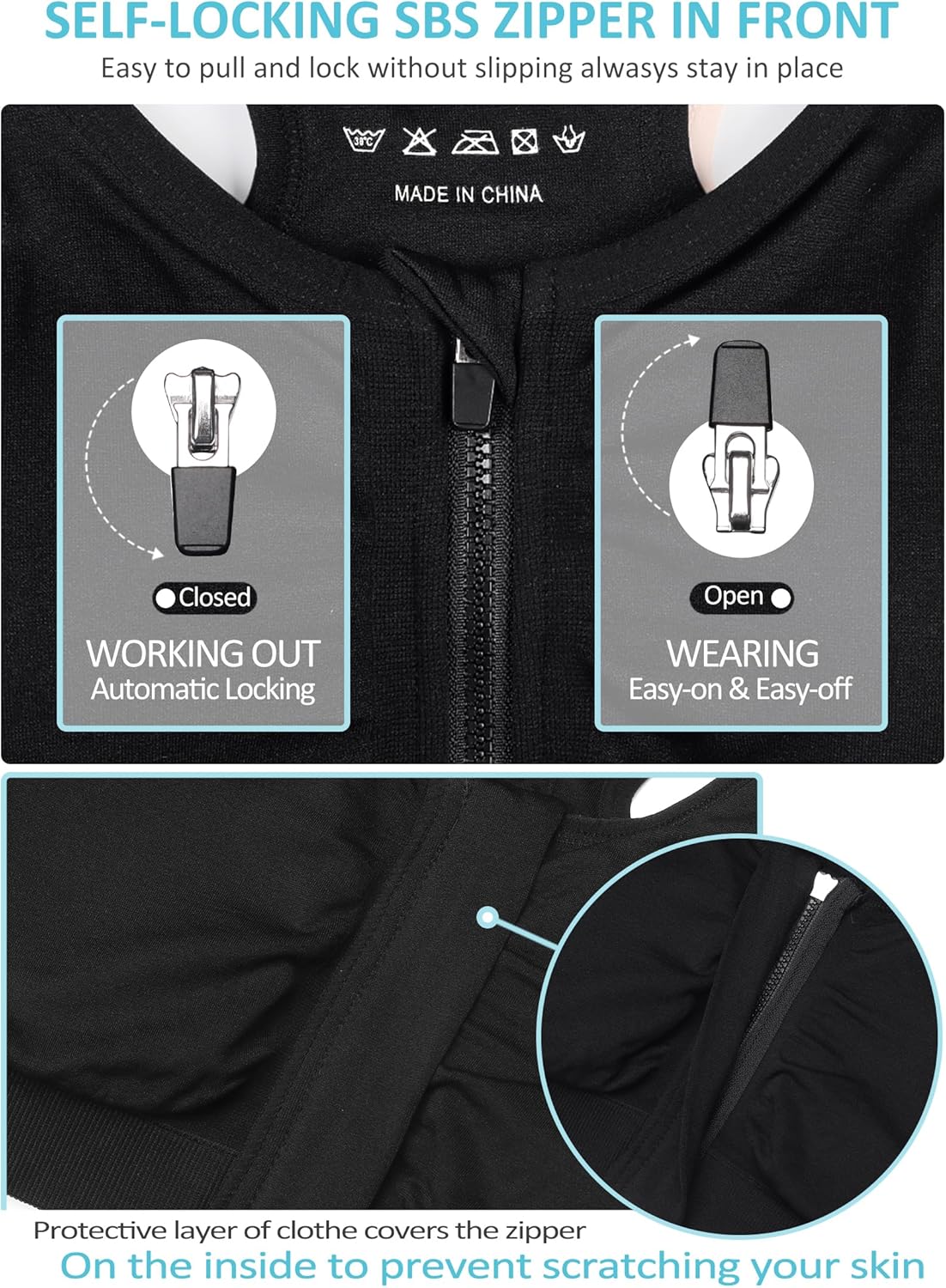 Skiennix Women's Zip Front Sports Bra - Wireless Post-Surgery Comfort for Active Yoga | Black