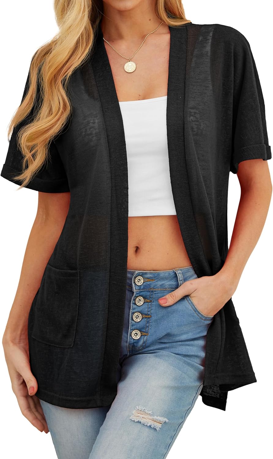 PrinStory Short Sleeve Cardigan - Lightweight Sheer Knit Cover-Up with Pockets | Casual Summer Style