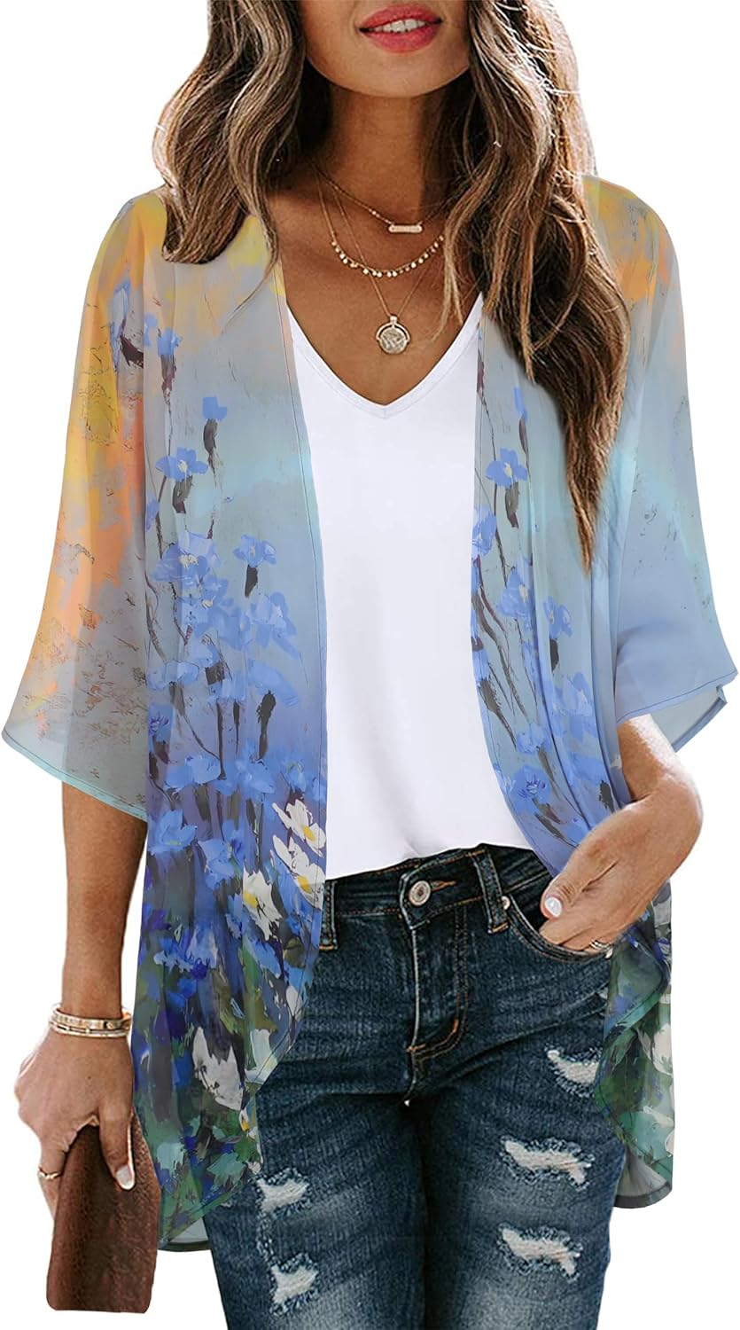 Skiennix Women's Floral Print Kimono Cardigan - Stylish Puff Sleeve Cover-Up Top